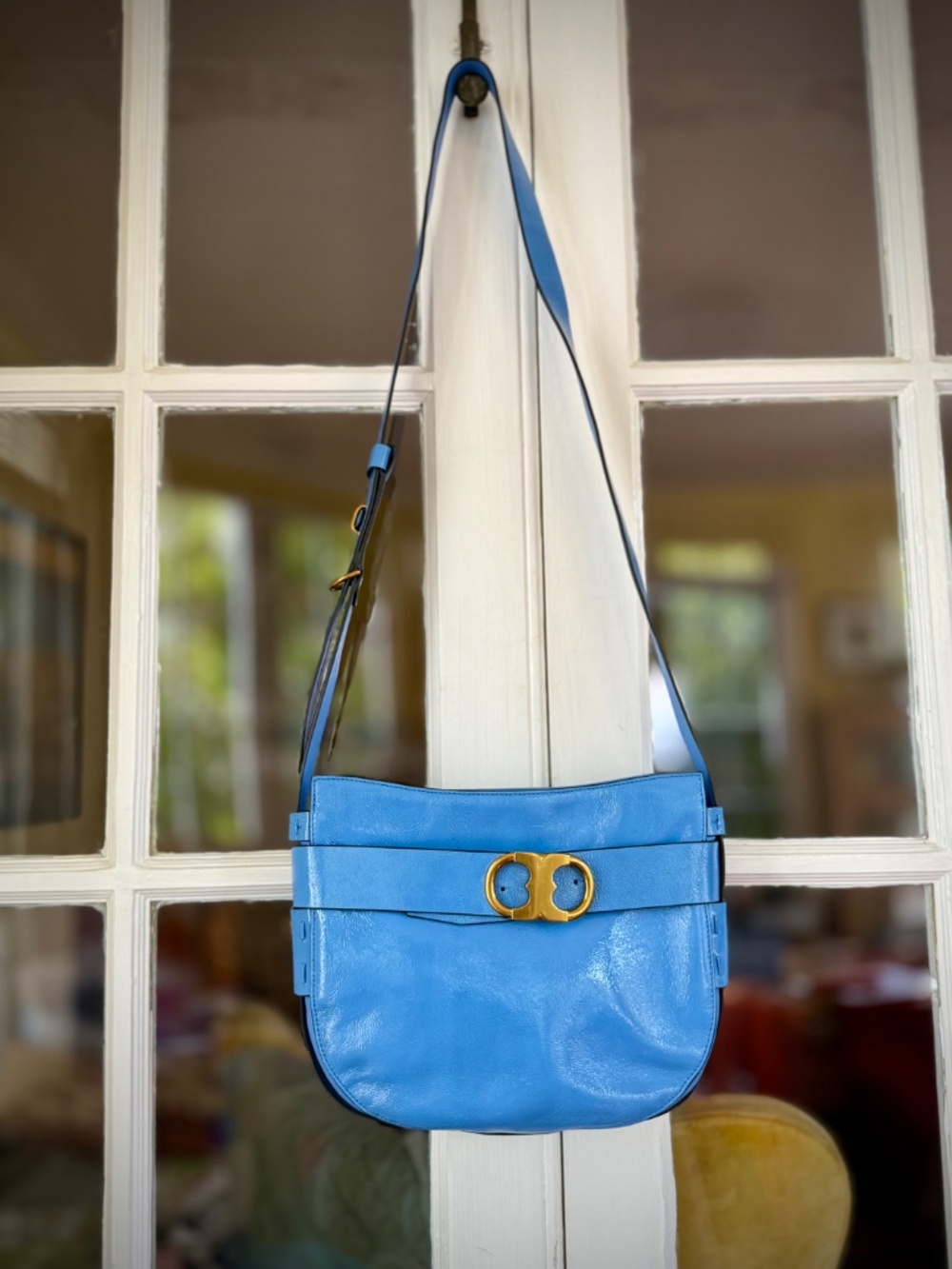 Tory Burch Miller Belted Crossbody Bag Blue Patent Leather Double T Logo